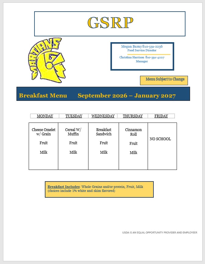 GSRP breakfast menu